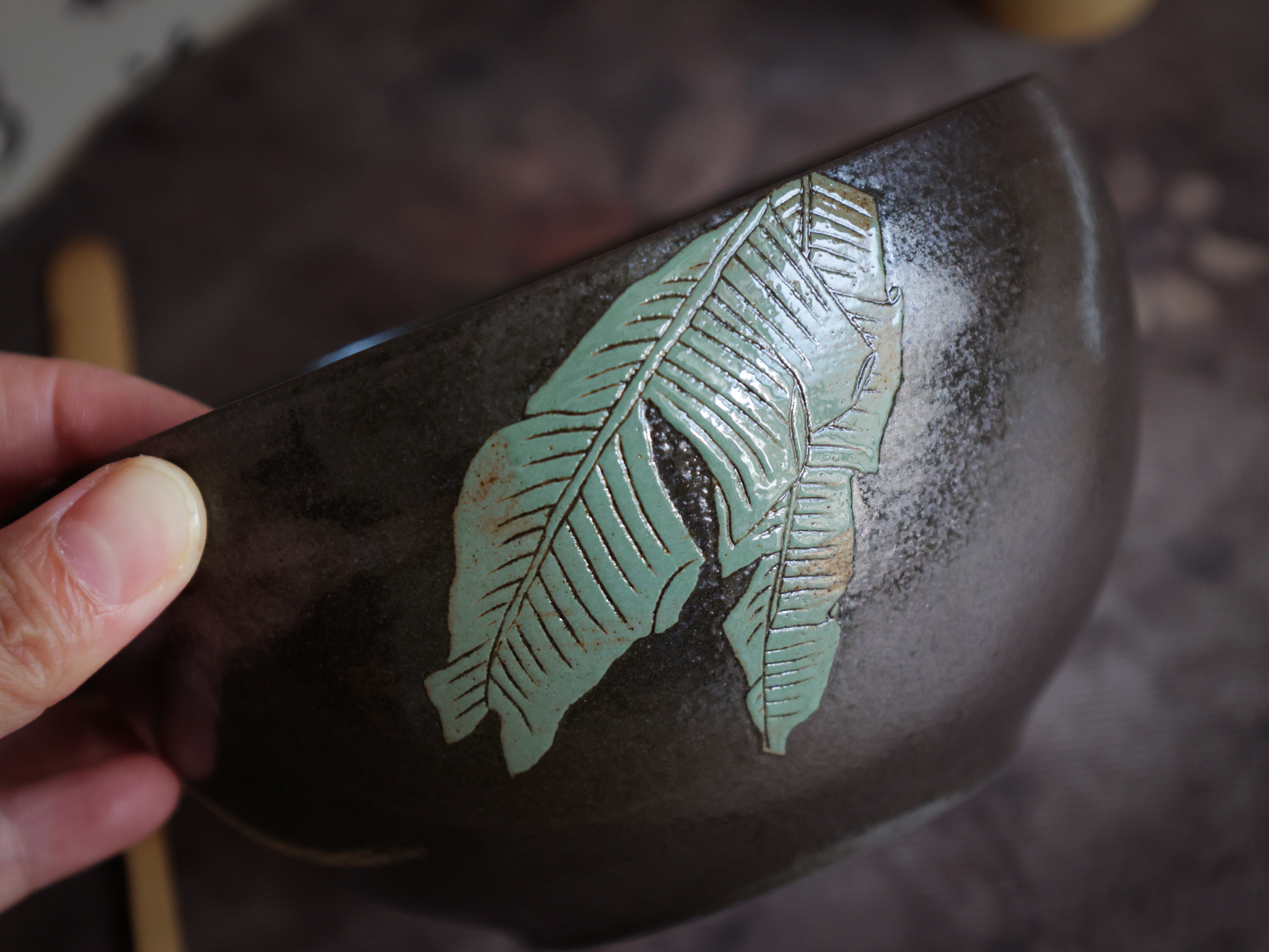 Handpainted Leaves Mettalic Tea Bowl (chawan) #06