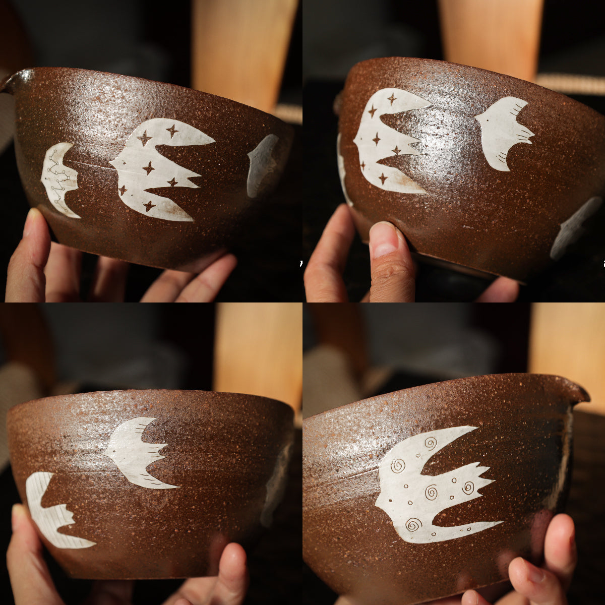 Hand-painted Birds Tea Bowl (Matcha Chawan)-Dark