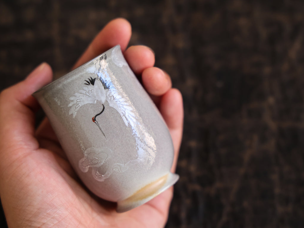 Handpainted Crane Woodfired Teacup