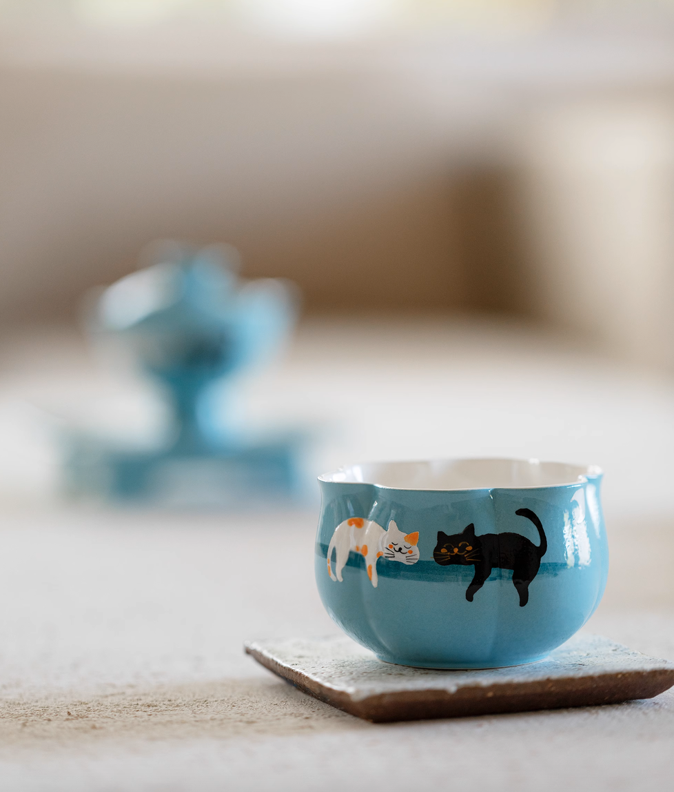 Handpainted Sleeping Cats Pastel Blue Tea Cup - 150ml