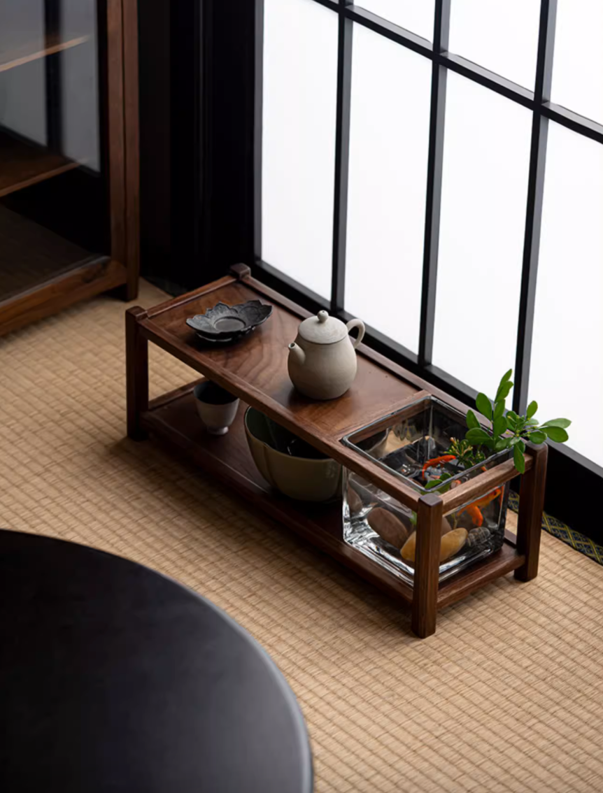 Walnut Teaware Shelf (including a glass container)