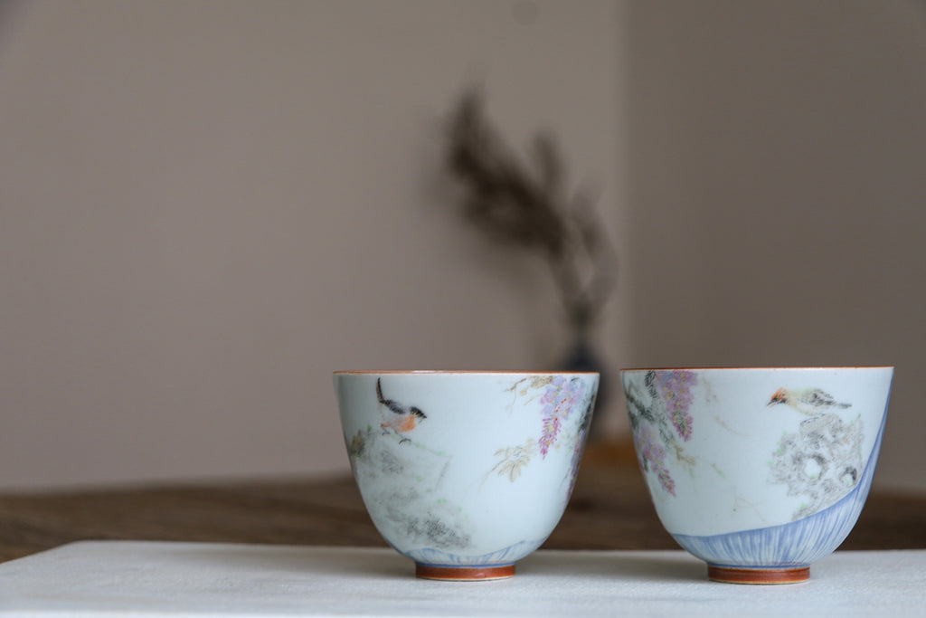 Bird and Wisteria Handpainted Teacup